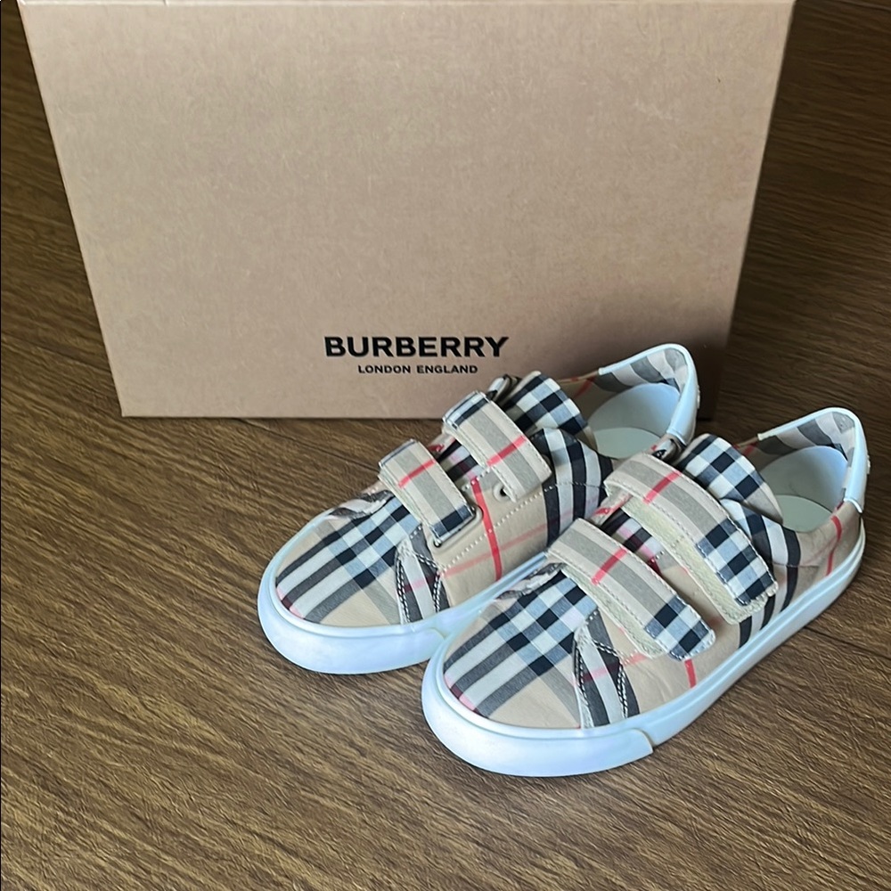 Burberry Tan and Blue Sneakers with Iconic Check Pattern